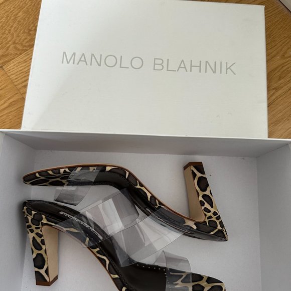 ❌SOLD❌NWT Manolo Blahnik Scolto Slip-on Mules Sz 40 Clear ECO PVC Leopard Print - Picture 5 of 12